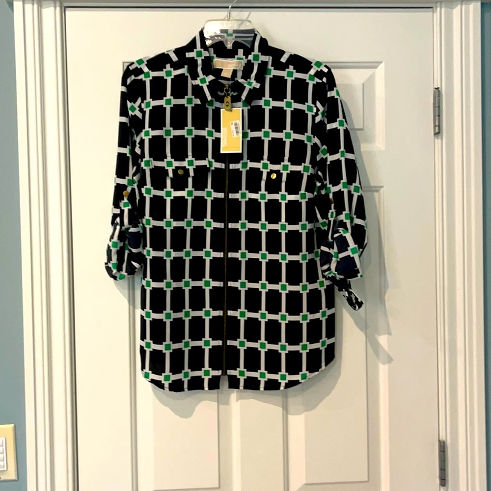 Michael Kors geometric pattern zip front blouse size large